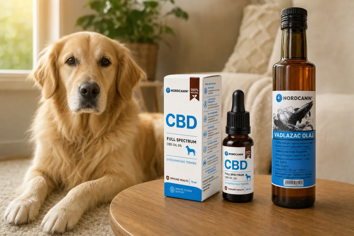Golden retriever a Nordcanin CBD olaj és a Nordcanin Hidegen Sajtolt Vadlazac Olaj mellett