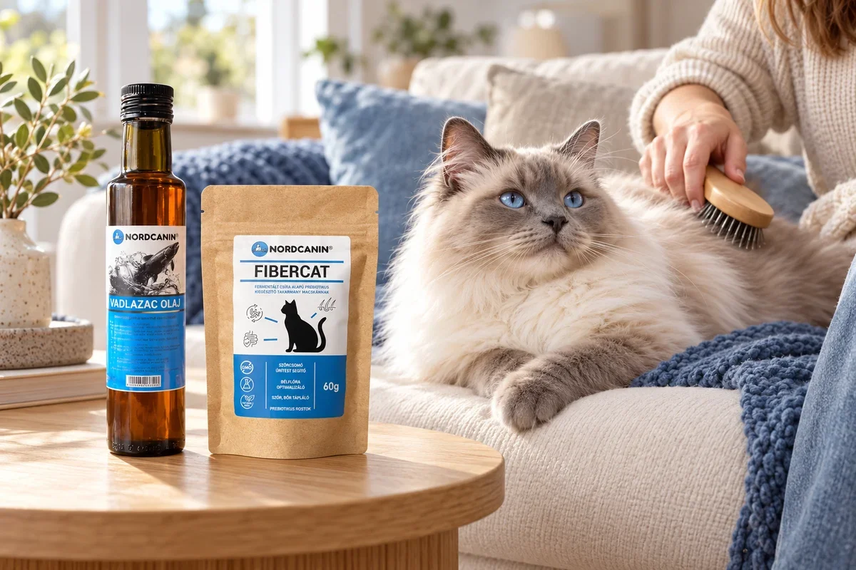 Ragdoll macska fésülése, mellette a Nordcanin FiberCat és a Nordcanin Hidegen Sajtolt Vadlazac Olaj